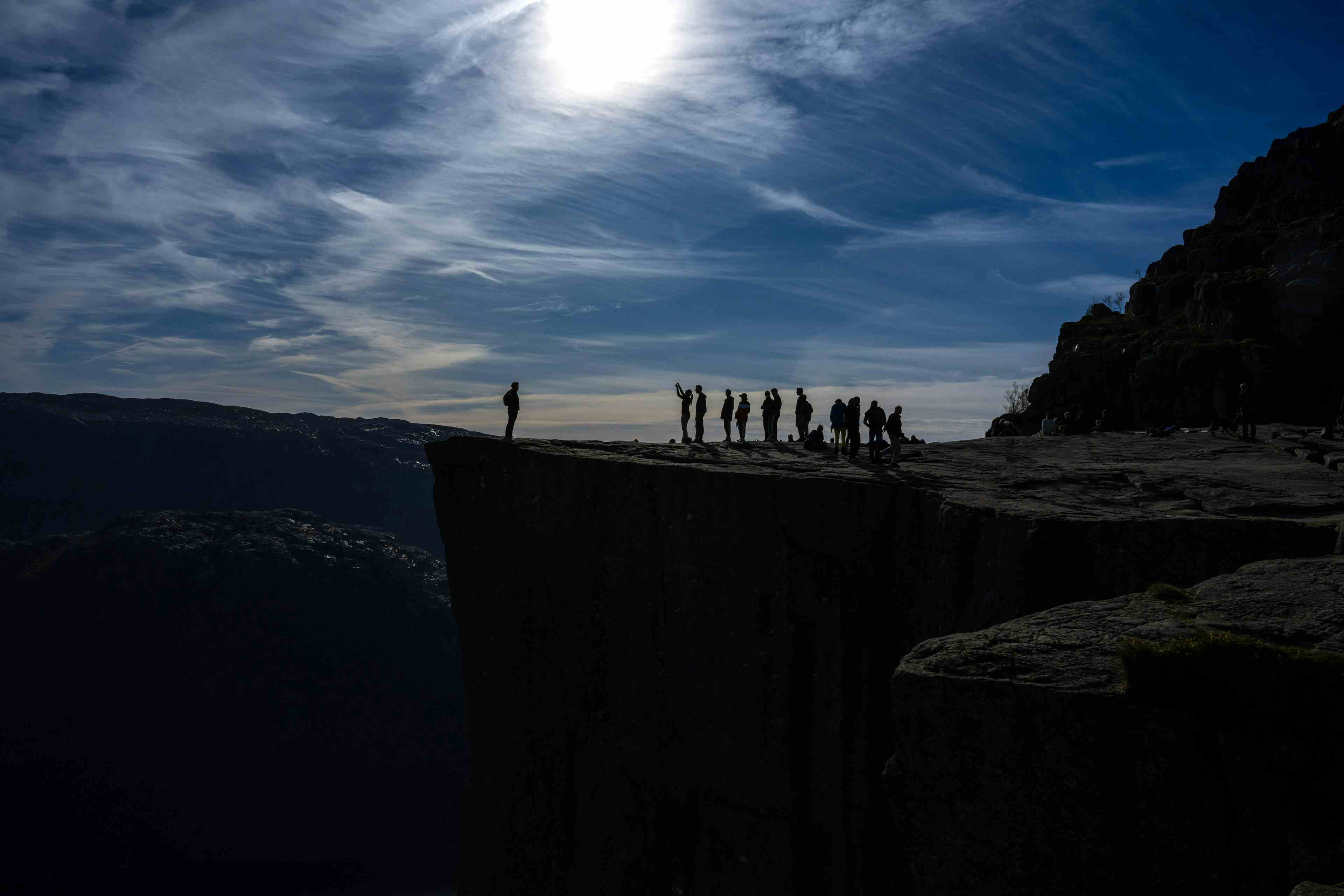 People standing on a mountain plateaut more than 600 metres above fjord level. Blue sky and sunny day. Steep mountains and fjord. Guided hike to Preikestolen