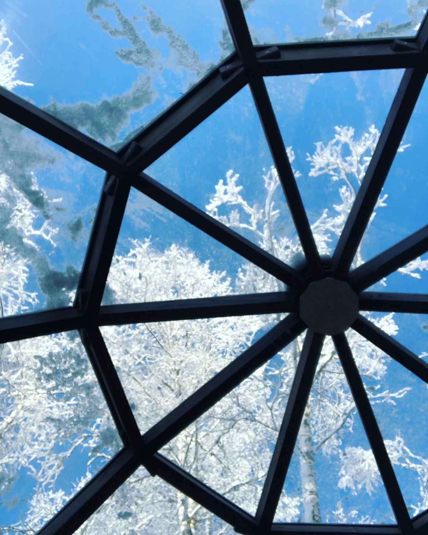 Blå himmel og snøroser sett fra innsiden av glampinghytte i taket.